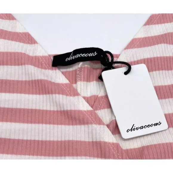 Olivaceous Wrap Midi Dress Pink and White Ribbed Summer Dress Tie Waist Womens S - Picture 6 of 8